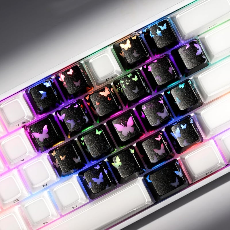 HITIME XVX Black Butterfly Shine Through Keycaps, Love Theme Cute Custom Keycaps, Blank OEM Profile IMD Translucent Keycap, Anime Style, for MX Switches Mechanical Keyboard, Silver（Only 21 Keys - Image 1